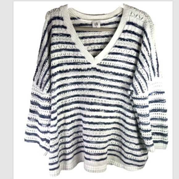 Cabi Peace Pullover Sweater 6178 Cotton crochet Blue White Stripe nautical XL - Picture 9 of 10